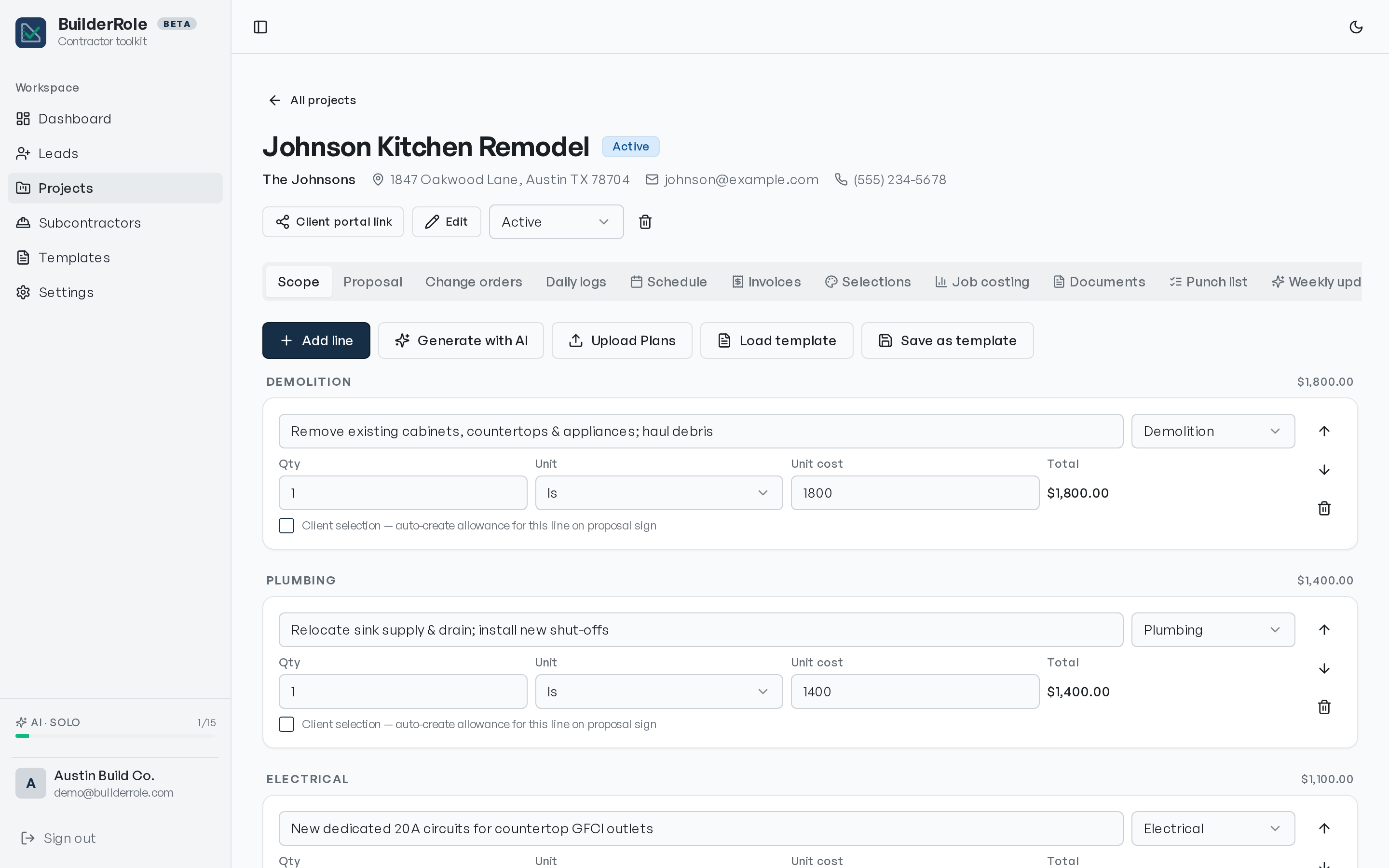 PainterRole job view — scope of work with itemized line costs, schedule, selections, and touch-up list tabs.